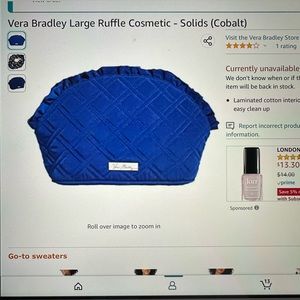 Vera Bradley, large ruffle, cosmetic bag in cobalt blue